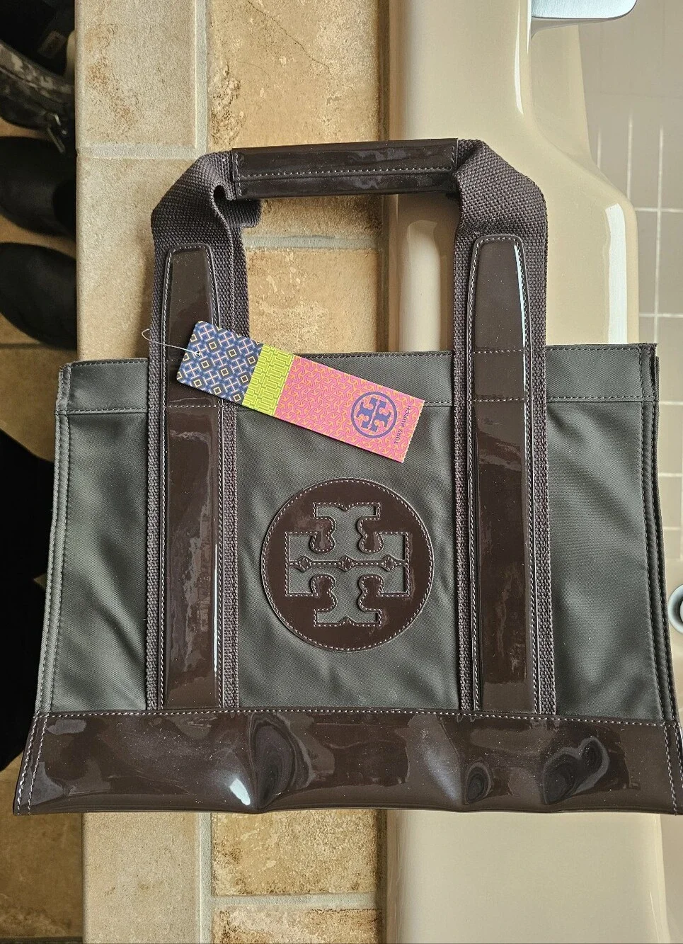 NWT Tory Burch Nylon/Patent Leather Brown Tote